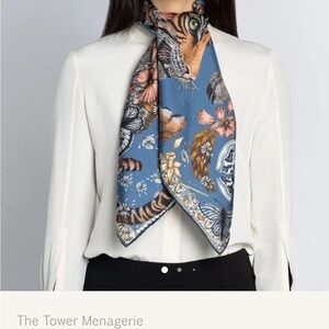 Sabina Savage Tiger Lion Tea Party Blue Silk Scarf
